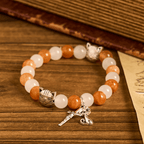 Pulsera de gato atigrado naranja, cuentas de cuarzo blanco y naranja con abalorios de acero inoxidable de cara de gato, rosario de animales