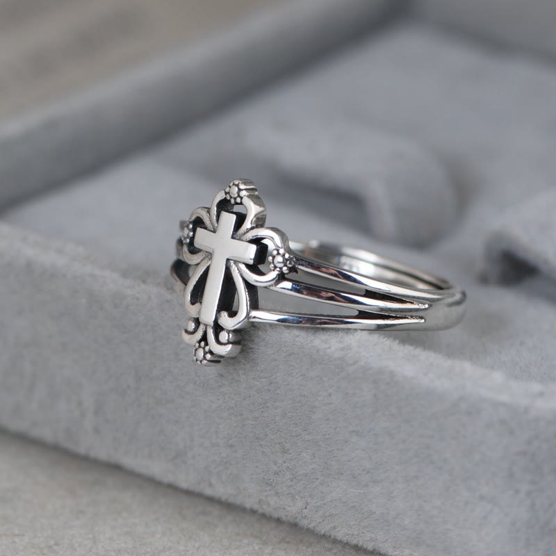 Bague croix ornée en argent sterling style cathédrale avec volutes florales