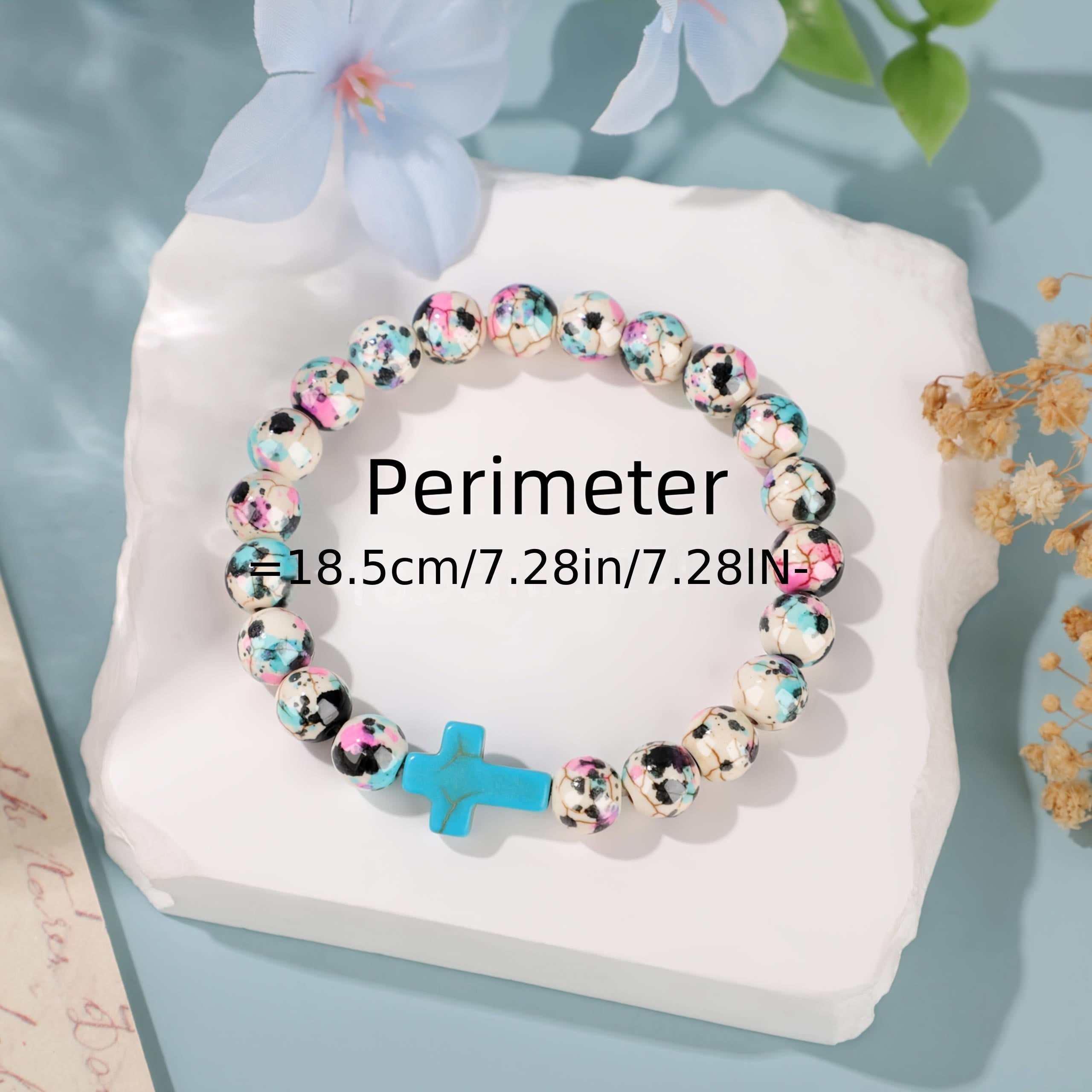 Bracelet croix Psaume 46:5 inspirant avec perles craquelées colorées