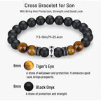 Pulsera con Cruz de Ojo de Tigre, Ónix Negro y Circonitas - Acero Inoxidable Acentuado