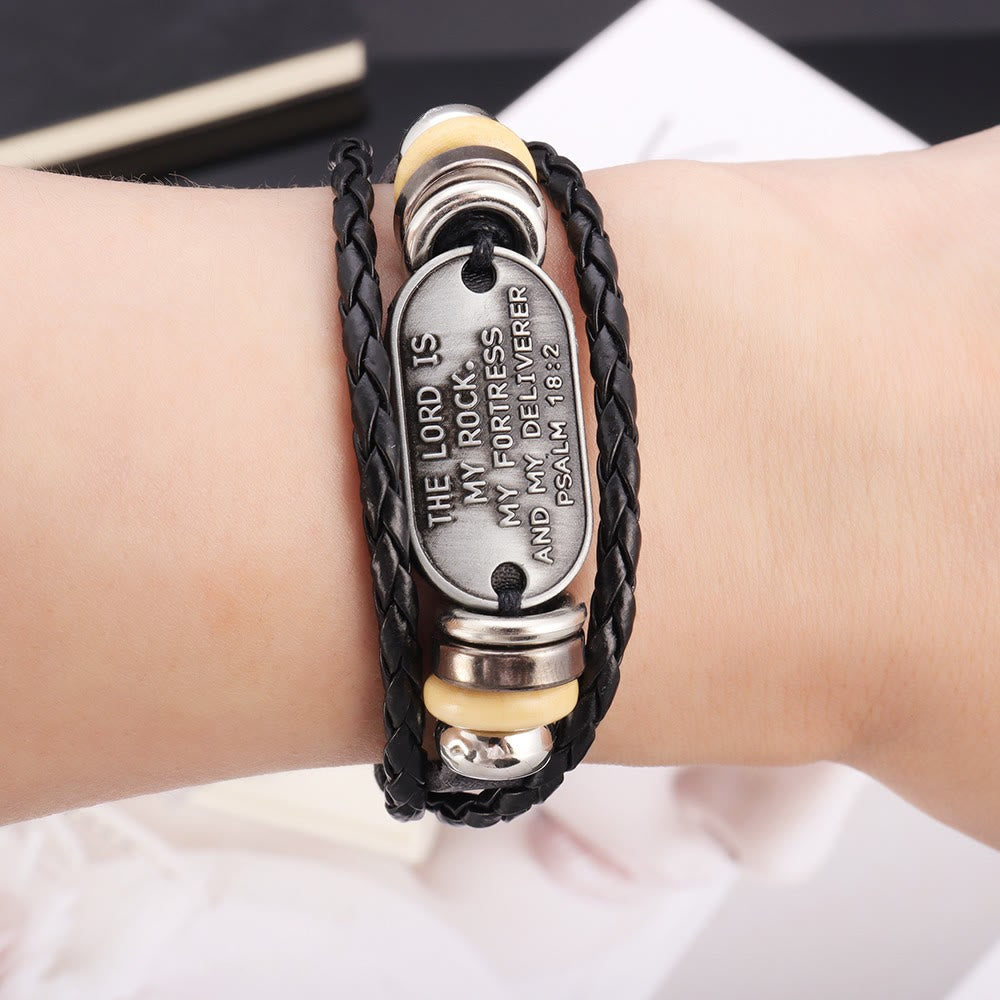 Bracelet tressé en cuir fait main avec inscription du Psaume 18:2