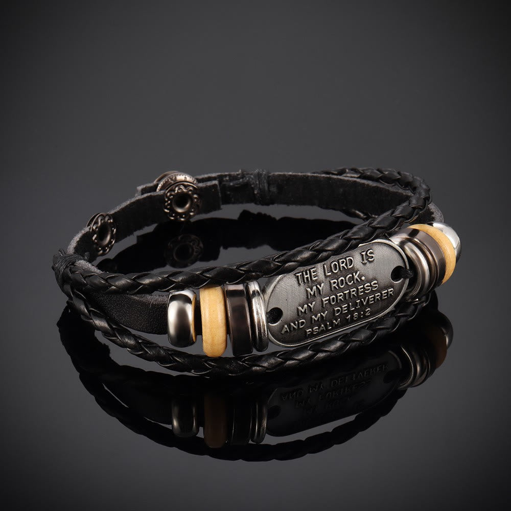 Bracelet tressé en cuir fait main avec inscription du Psaume 18:2