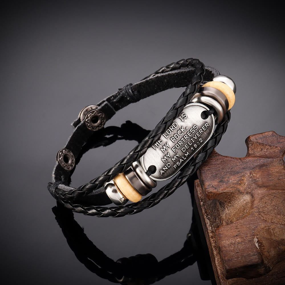 Bracelet tressé en cuir fait main avec inscription du Psaume 18:2
