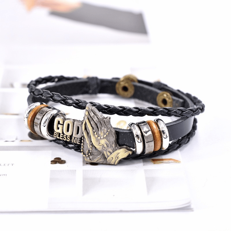 Bracelet style rétro mains en prière GOD BLESS ME Motif tressé noir