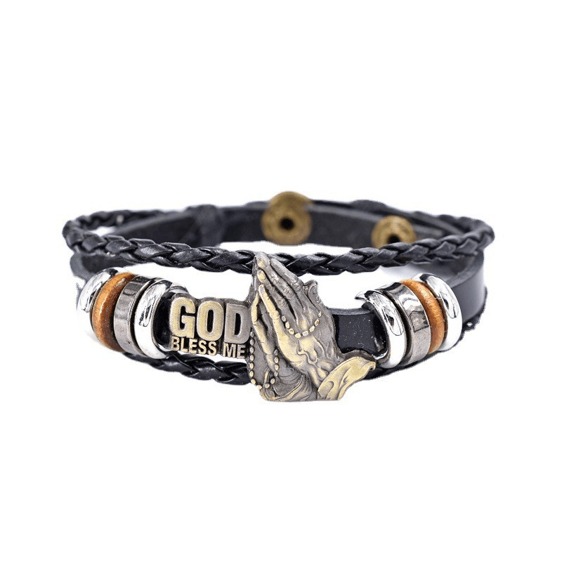 Bracelet style rétro mains en prière GOD BLESS ME Motif tressé noir