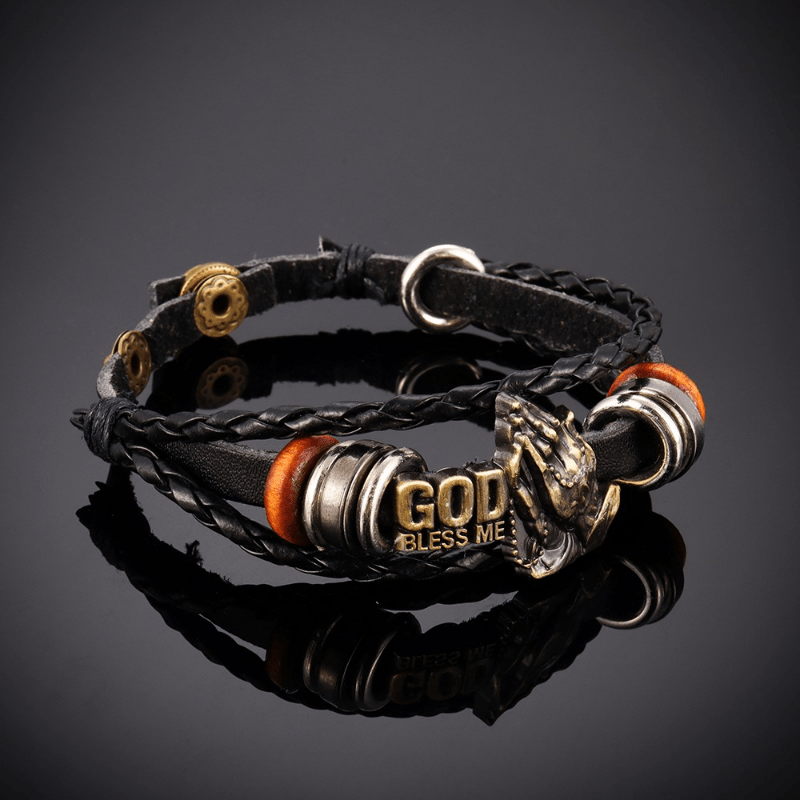 Bracelet style rétro mains en prière GOD BLESS ME Motif tressé noir