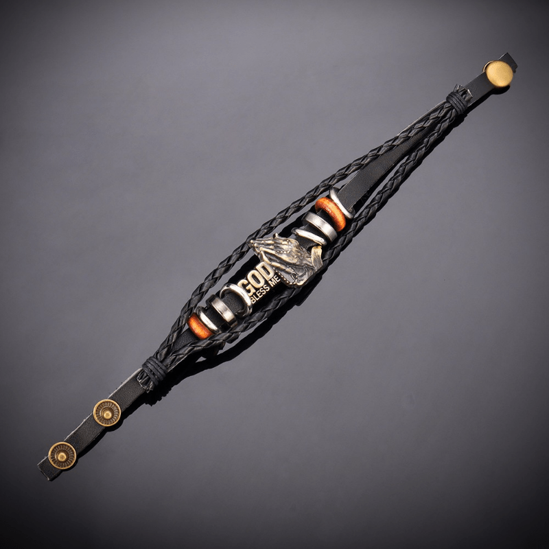 Bracelet style rétro mains en prière GOD BLESS ME Motif tressé noir