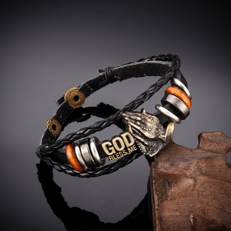 Bracelet style rétro mains en prière GOD BLESS ME Motif tressé noir