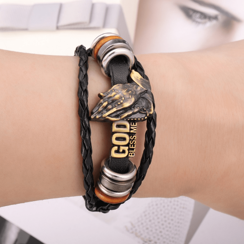 Bracelet style rétro mains en prière GOD BLESS ME Motif tressé noir