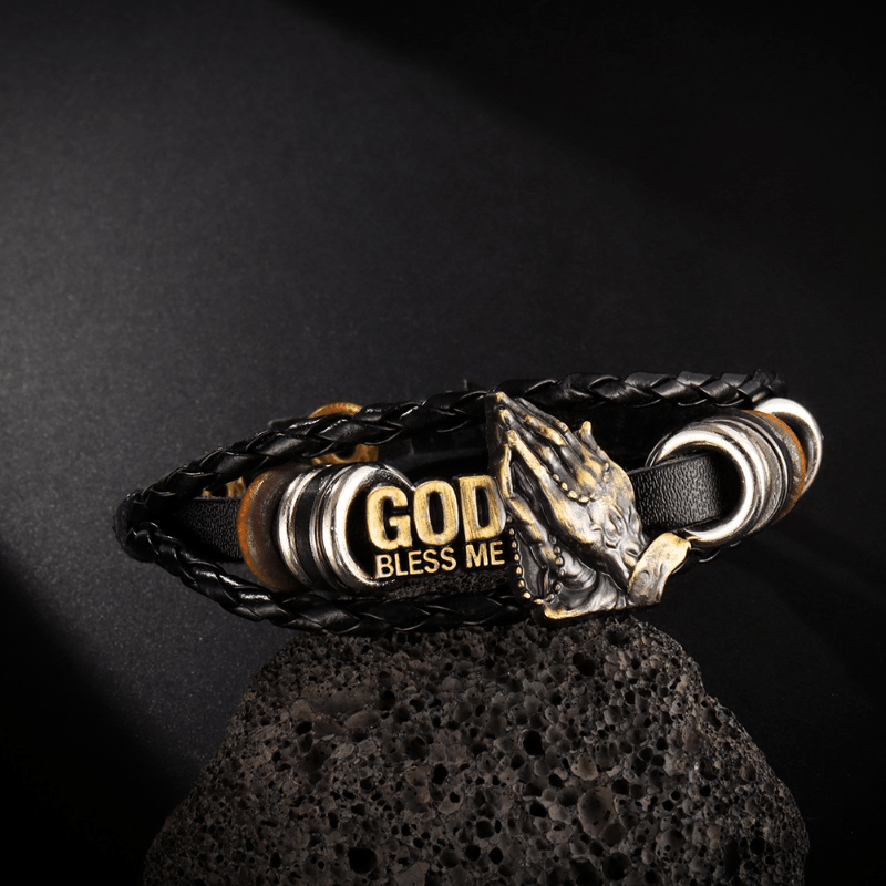 Bracelet style rétro mains en prière GOD BLESS ME Motif tressé noir