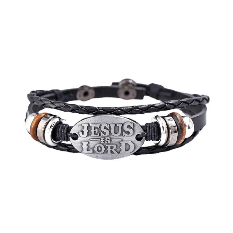 Bracelet en cuir tressé noir avec inscription JESUS IS LORD