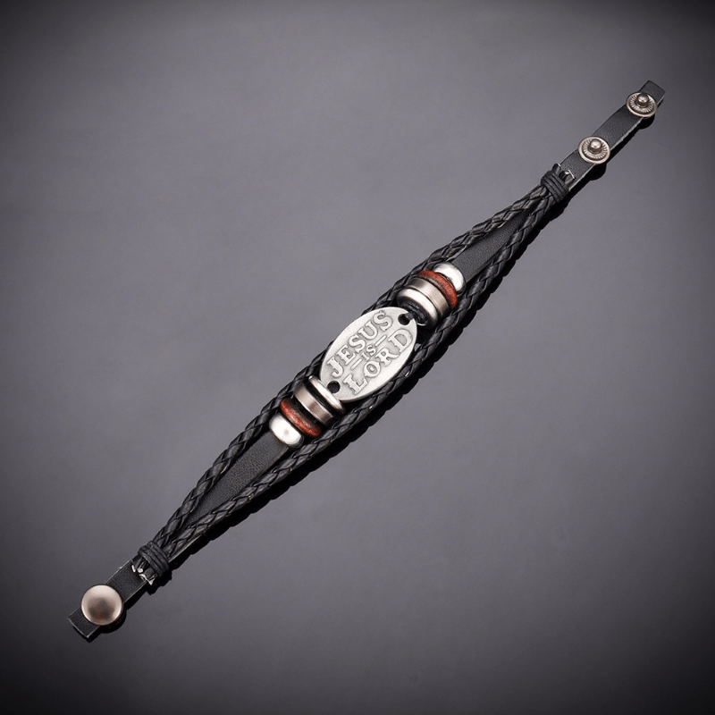 Bracelet en cuir tressé noir avec inscription JESUS IS LORD