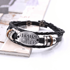 Bracelet en cuir tressé noir avec inscription JESUS IS LORD