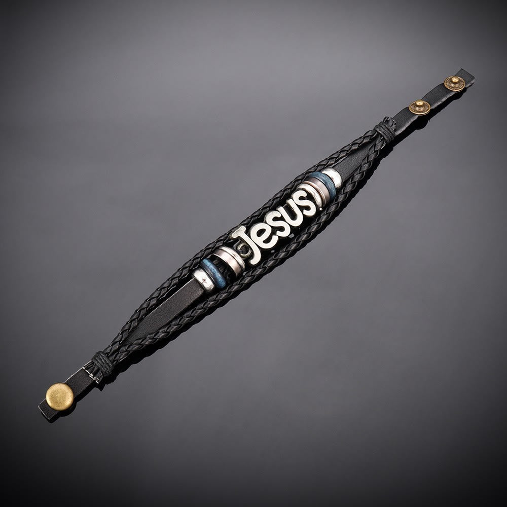 Bracelet de charme Jésus bicolore sur cuir tressé noir