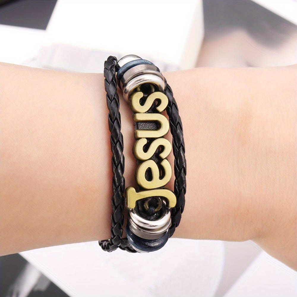 Bracelet de charme Jésus bicolore sur cuir tressé noir