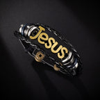 Bracelet de charme Jésus bicolore sur cuir tressé noir