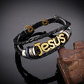 Bracelet de charme Jésus bicolore sur cuir tressé noir