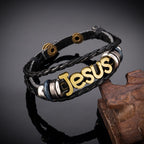 Bracelet de charme Jésus bicolore sur cuir tressé noir