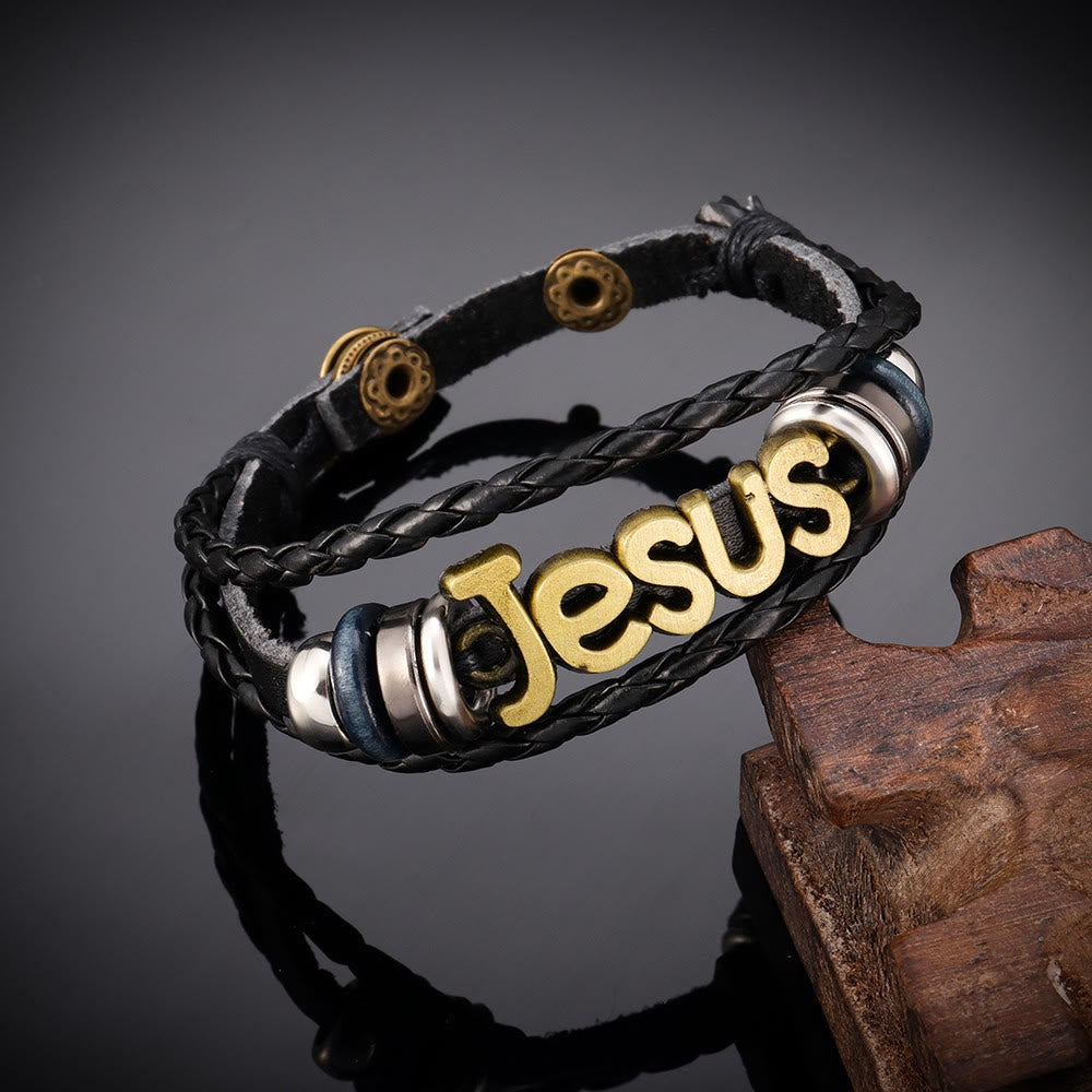 Bracelet de charme Jésus bicolore sur cuir tressé noir