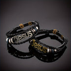 Bracelet de charme Jésus bicolore sur cuir tressé noir