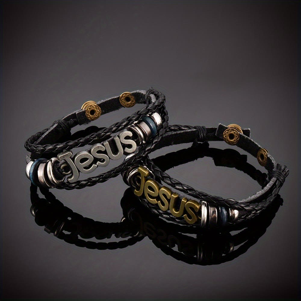 Bracelet de charme Jésus bicolore sur cuir tressé noir