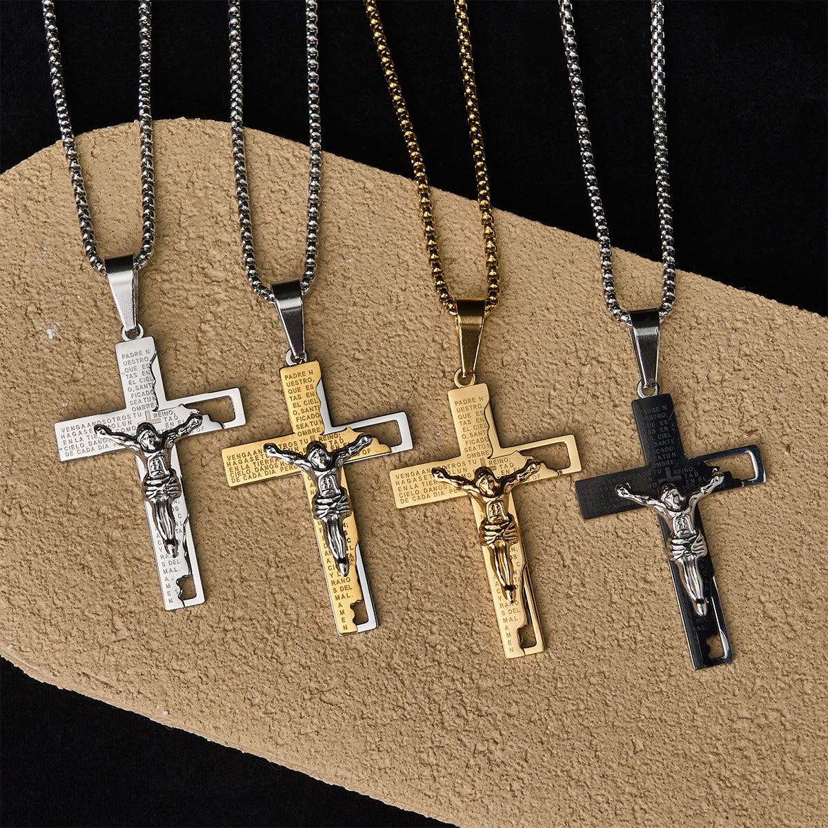 Collier Crucifix avec Inscription Notre Père : Garde Mes Pas