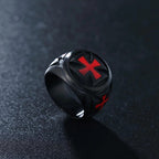 Bague chevalière Templier Croix Foi en armure Noir & Cramoisi