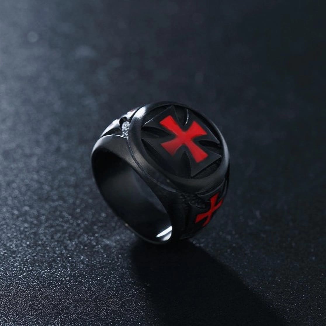 Bague chevalière Templier Croix Foi en armure Noir & Cramoisi