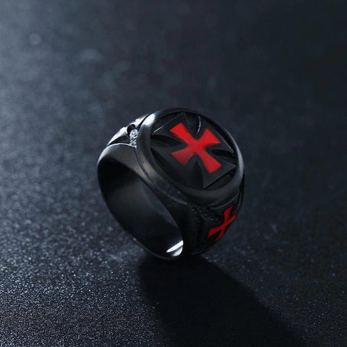 Black & Crimson Faith Armor Templar Cross Signet Ring