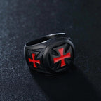 Bague chevalière Templier Croix Foi en armure Noir & Cramoisi