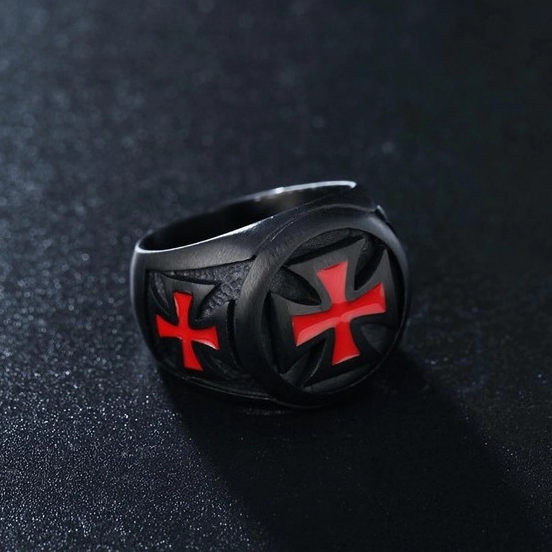 Bague chevalière Templier Croix Foi en armure Noir & Cramoisi