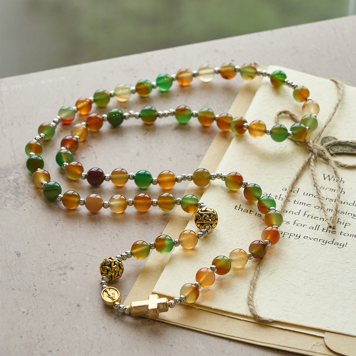 Bracelet Chapelet Malachite de Noël Multi-rangs avec Croix et Médaille