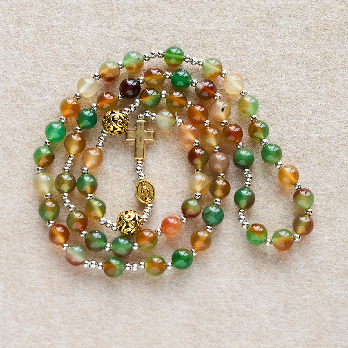 Bracelet Chapelet Malachite de Noël Multi-rangs avec Croix et Médaille