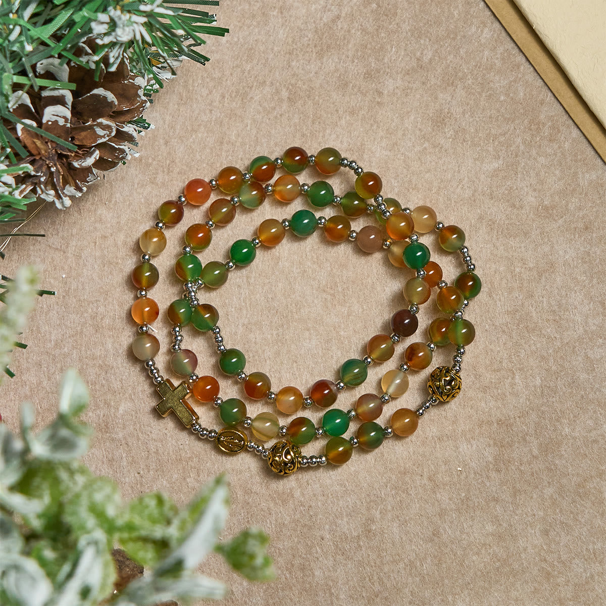 Bracelet Chapelet Malachite de Noël Multi-rangs avec Croix et Médaille