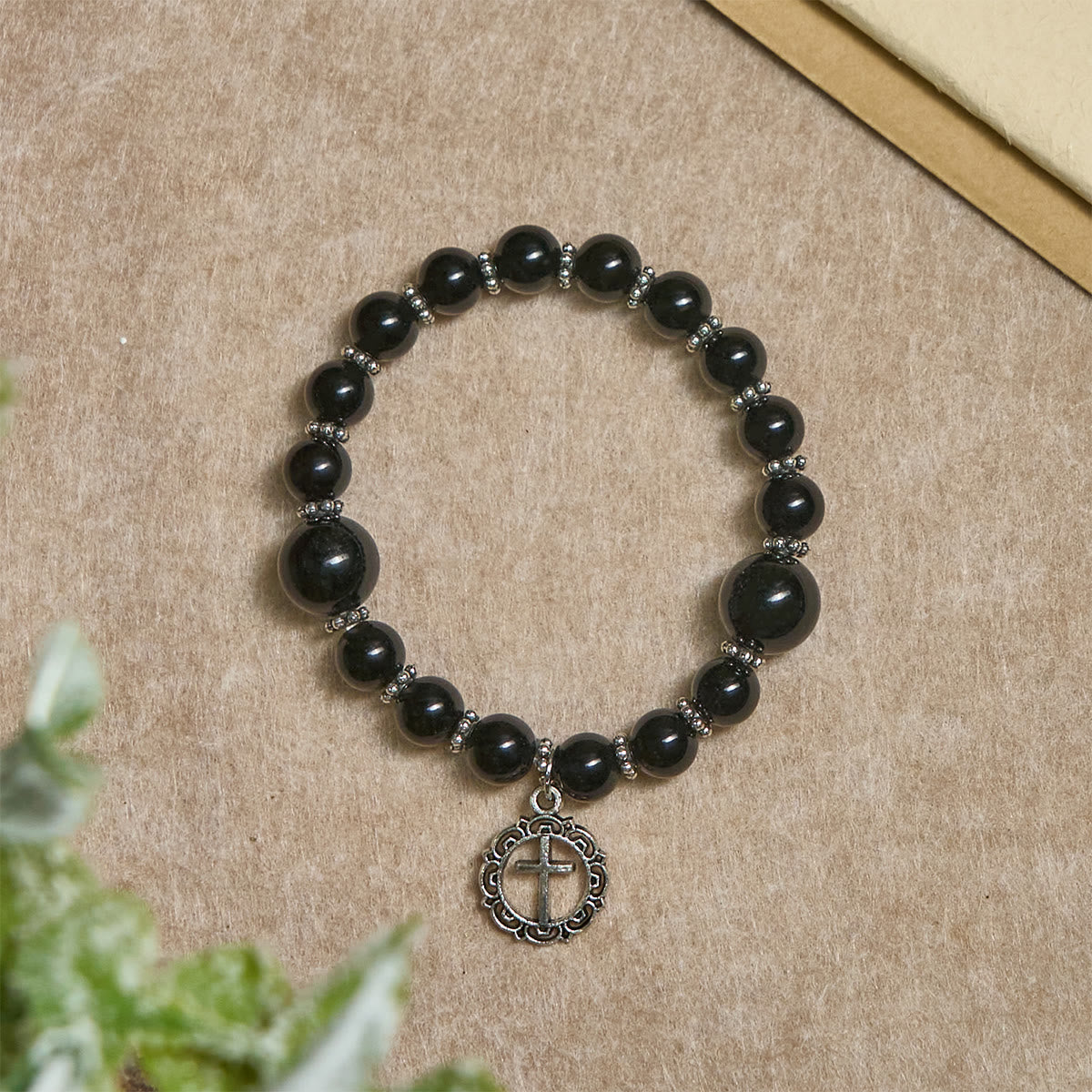 Pulsera de Obsidiana Negra de Armadura Espiritual con Dije de Cruz: Reza sin Miedo