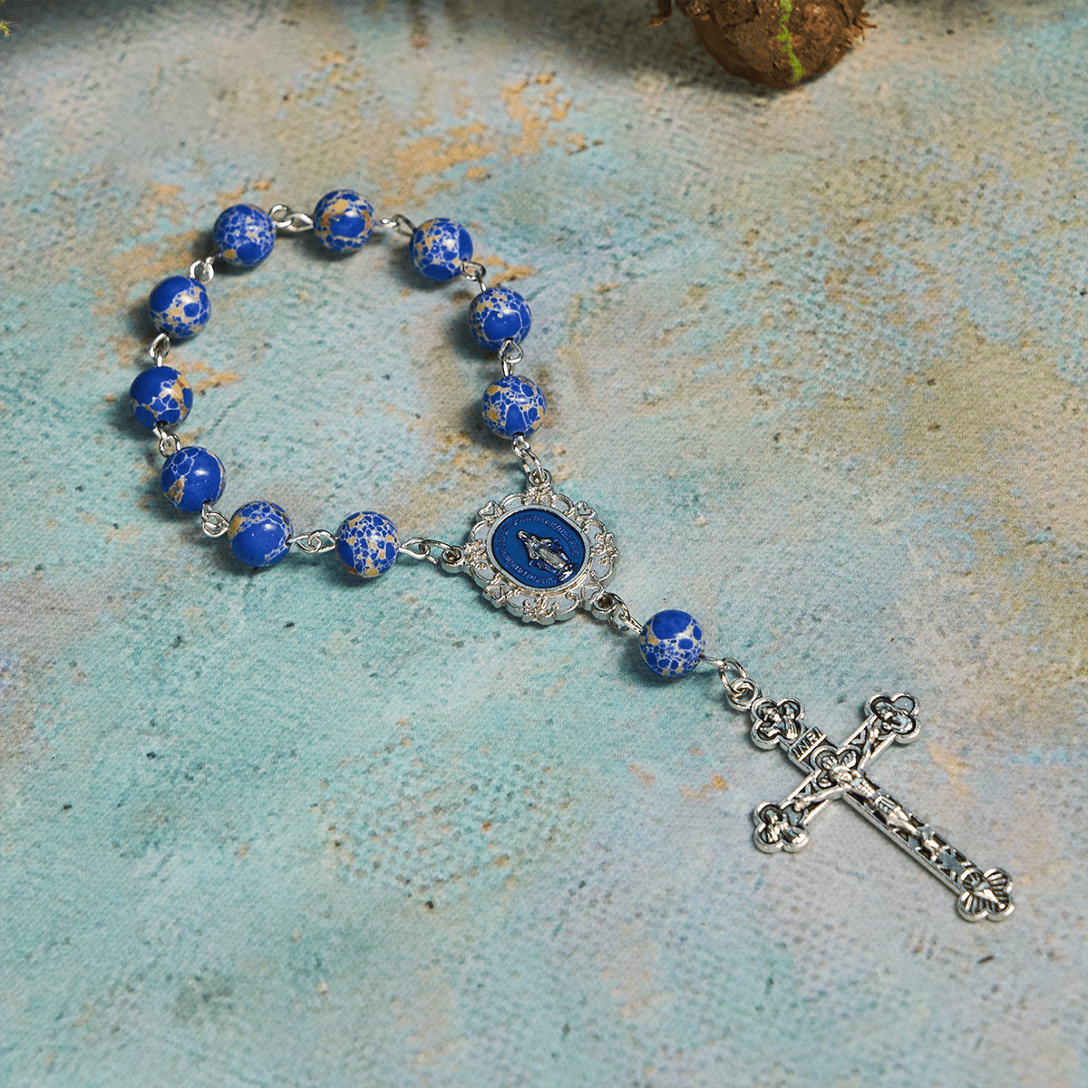 Royal Blue-Tone Stone Beads One Decade Rosary, Bracelet: La Grâce guidée par la main de Marie