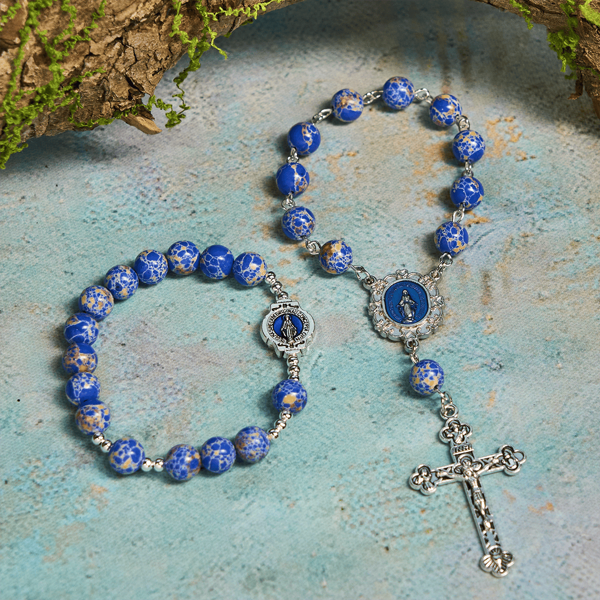 Royal Blue-Tone Stone Beads One Decade Rosary, Bracelet: La Grâce guidée par la main de Marie