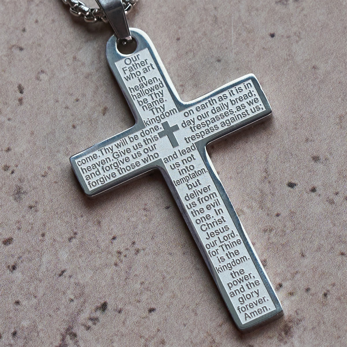 Collier pendentif croix Notre Père en acier inoxydable