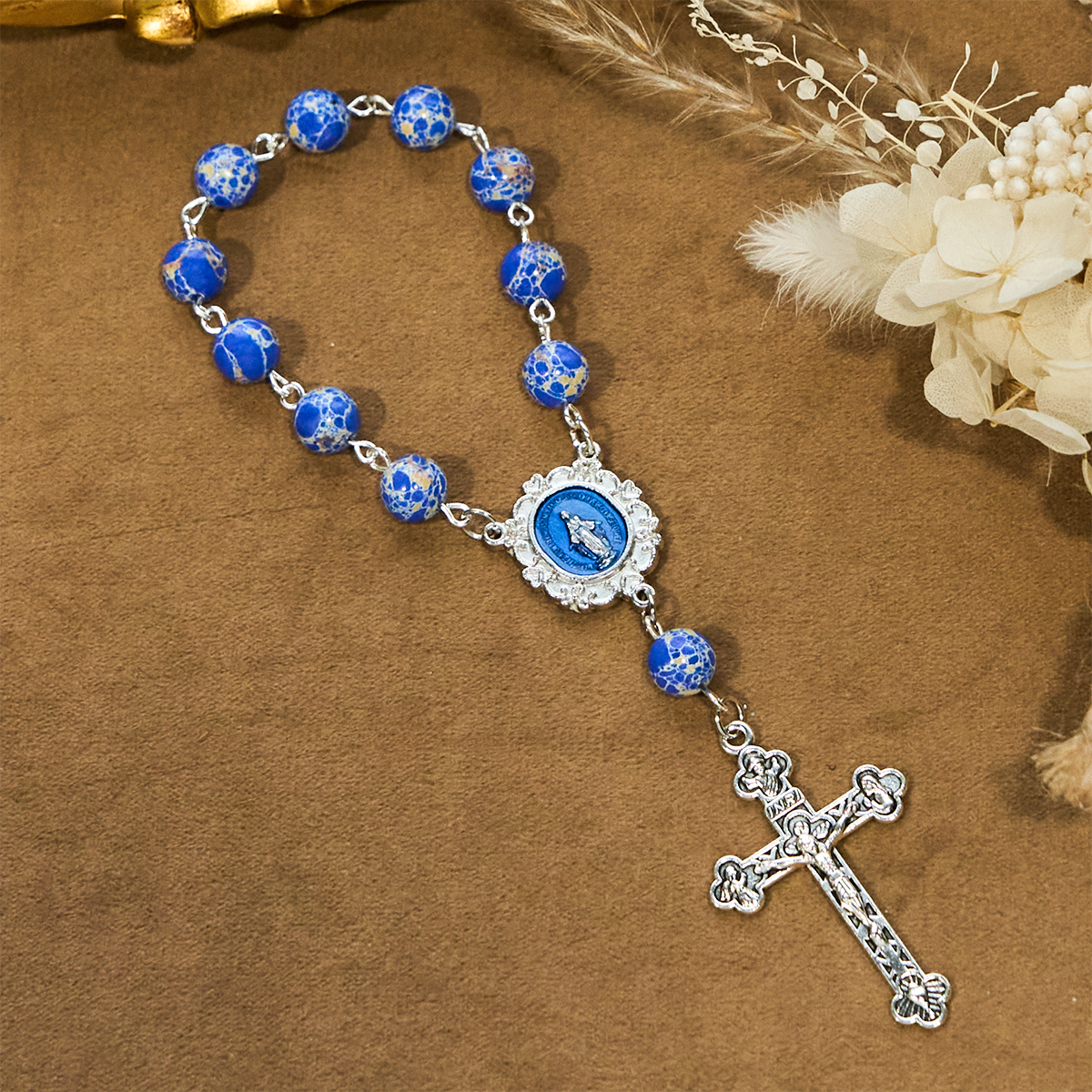 Royal Blue-Tone Stone Beads One Decade Rosary, Bracelet: La Grâce guidée par la main de Marie