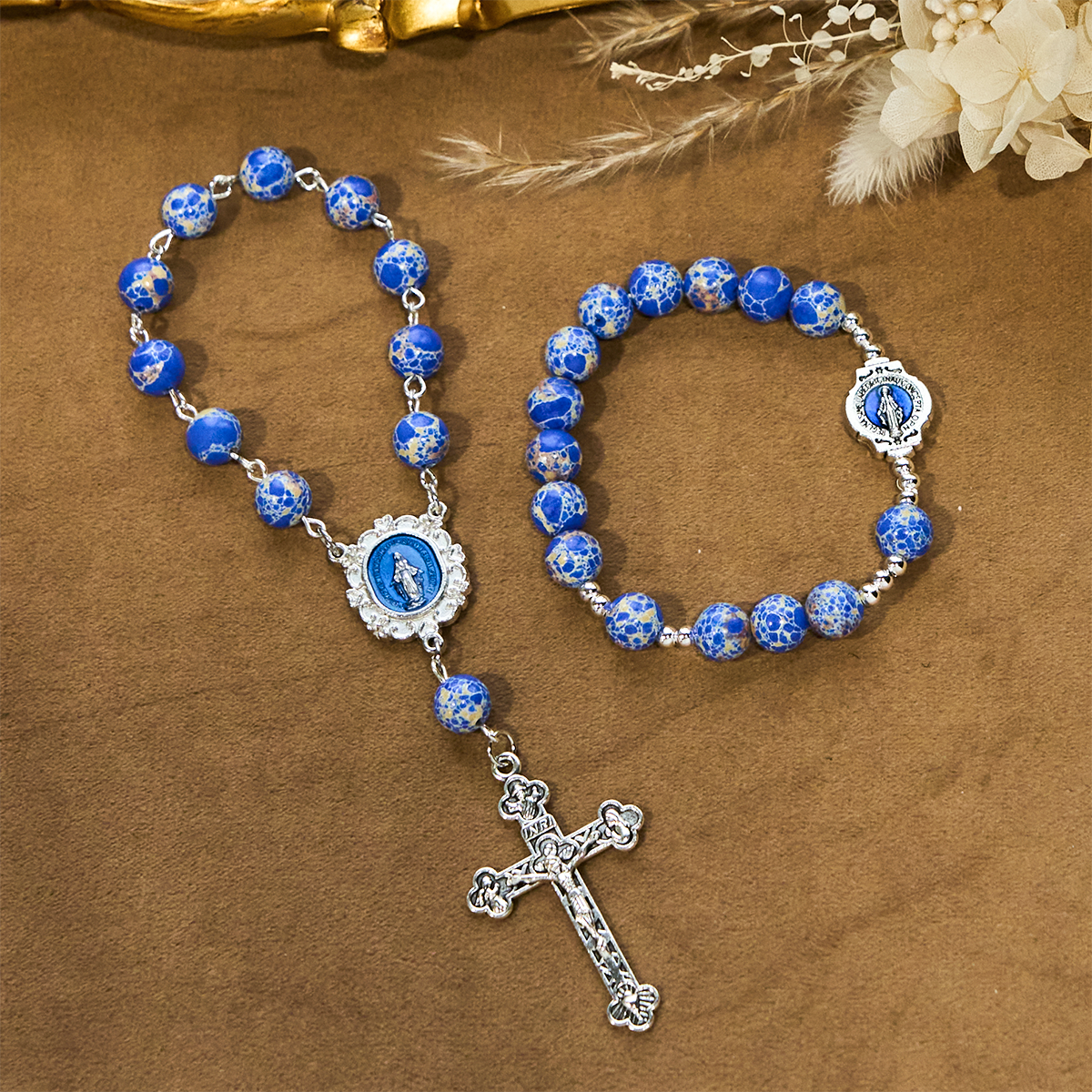Royal Blue-Tone Stone Beads One Decade Rosary, Bracelet: La Grâce guidée par la main de Marie