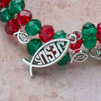 Pulsera de rosario de alambre de memoria roja y verde Faith con pez de JESÚS y crucifijo
