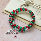 Pulsera de rosario de alambre de memoria roja y verde Faith con pez de JESÚS y crucifijo