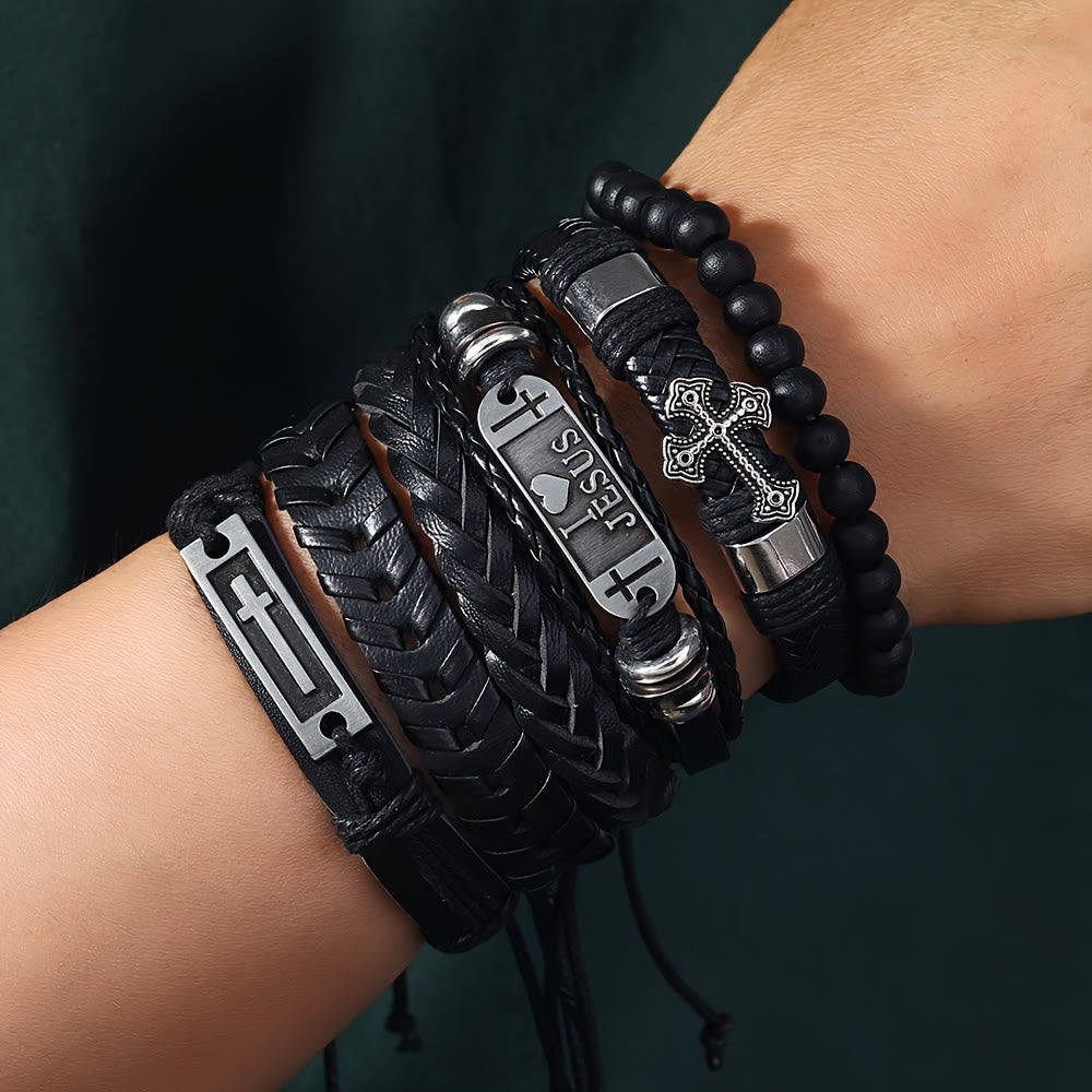 Set de 6 Pulseras de Cuero de Inspiración Religiosa: Devoción y Expresión con Estilo