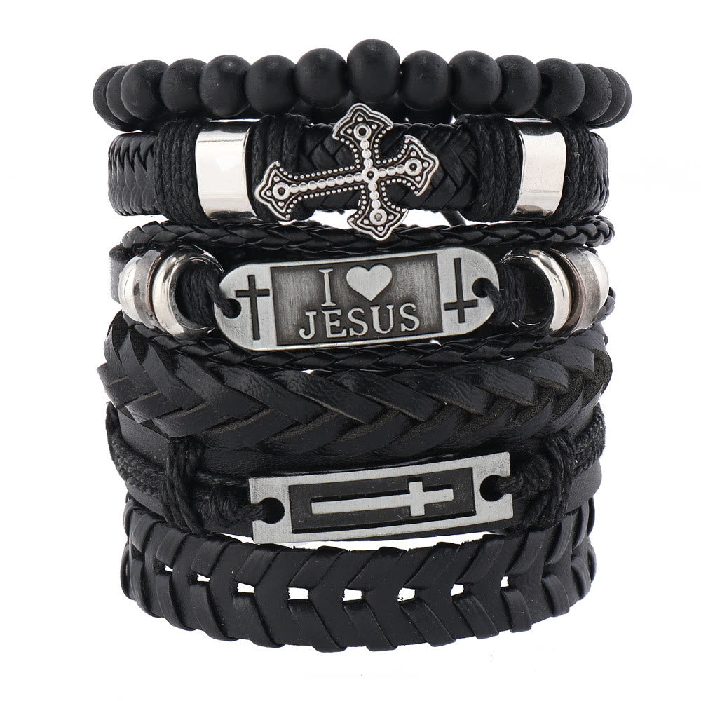 Set de 6 Pulseras de Cuero de Inspiración Religiosa: Devoción y Expresión con Estilo