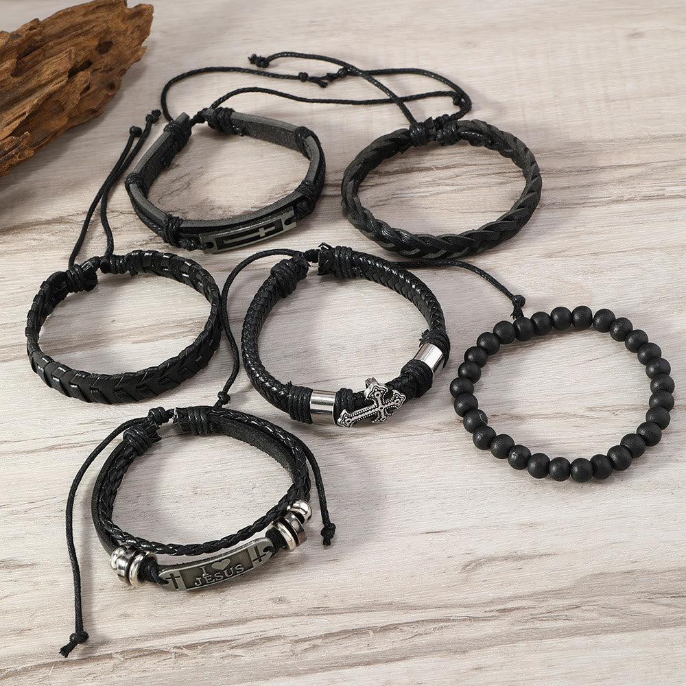 Set de 6 Pulseras de Cuero de Inspiración Religiosa: Devoción y Expresión con Estilo