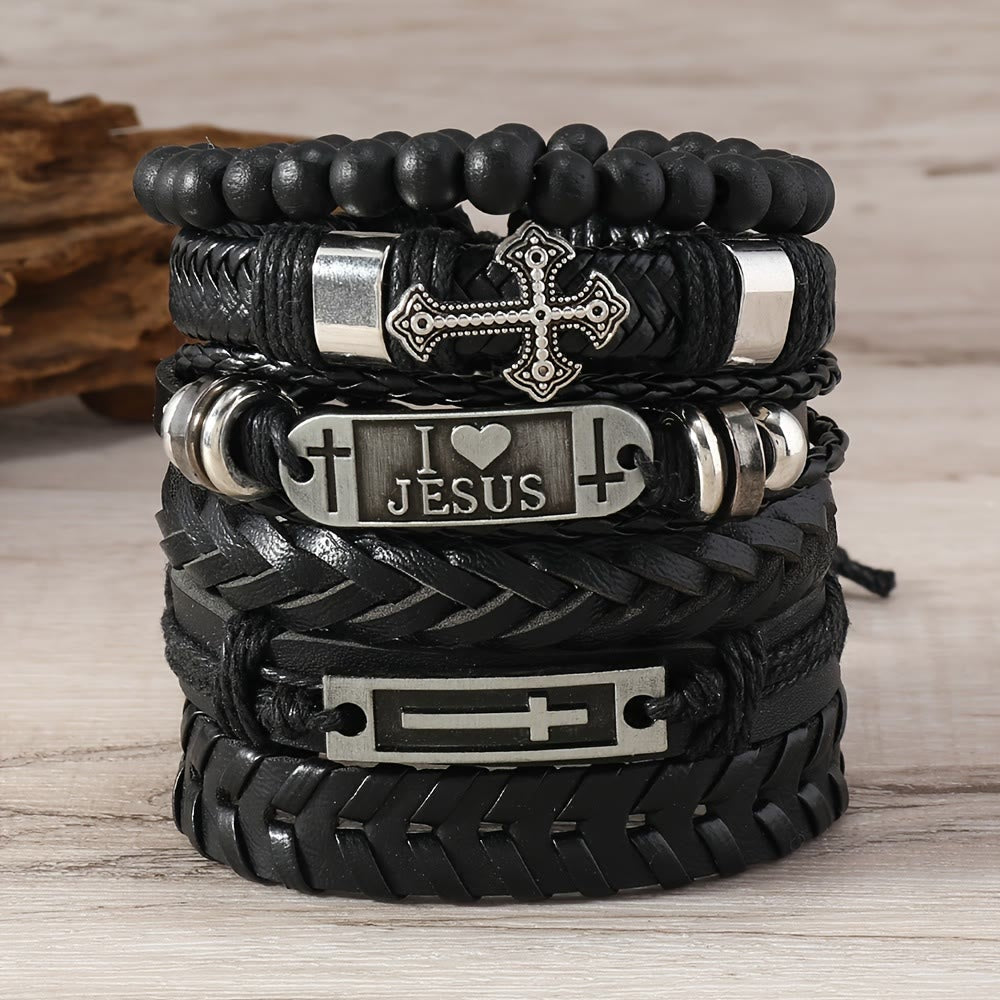 Set de 6 Pulseras de Cuero de Inspiración Religiosa: Devoción y Expresión con Estilo