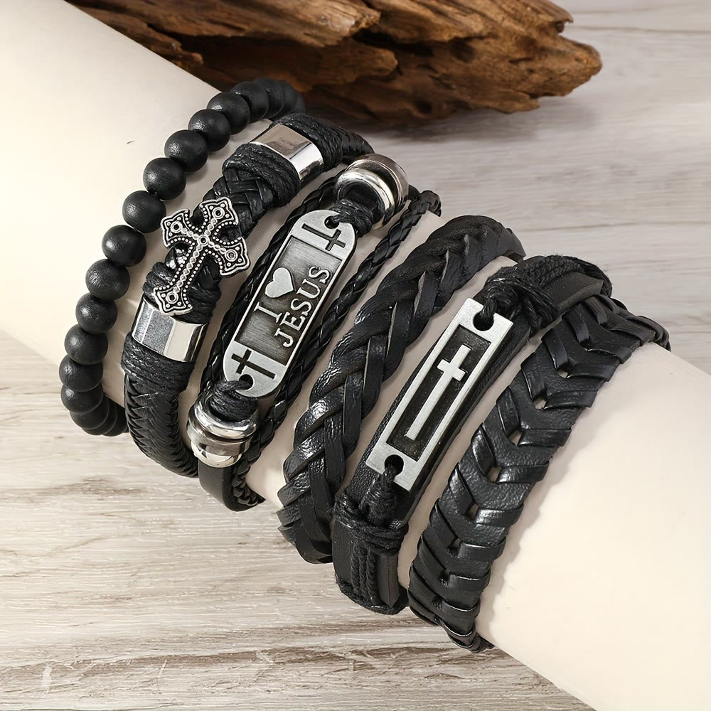 Set de 6 Pulseras de Cuero de Inspiración Religiosa: Devoción y Expresión con Estilo