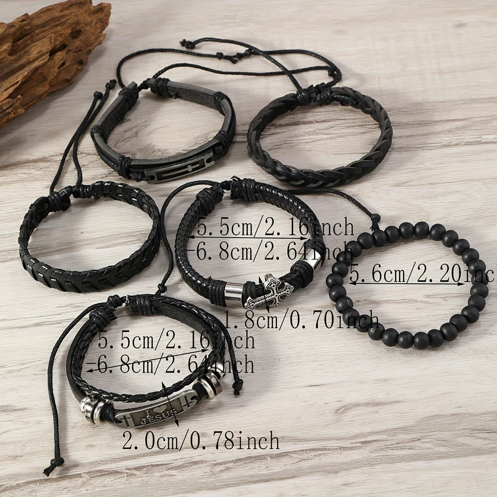 Set de 6 Pulseras de Cuero de Inspiración Religiosa: Devoción y Expresión con Estilo
