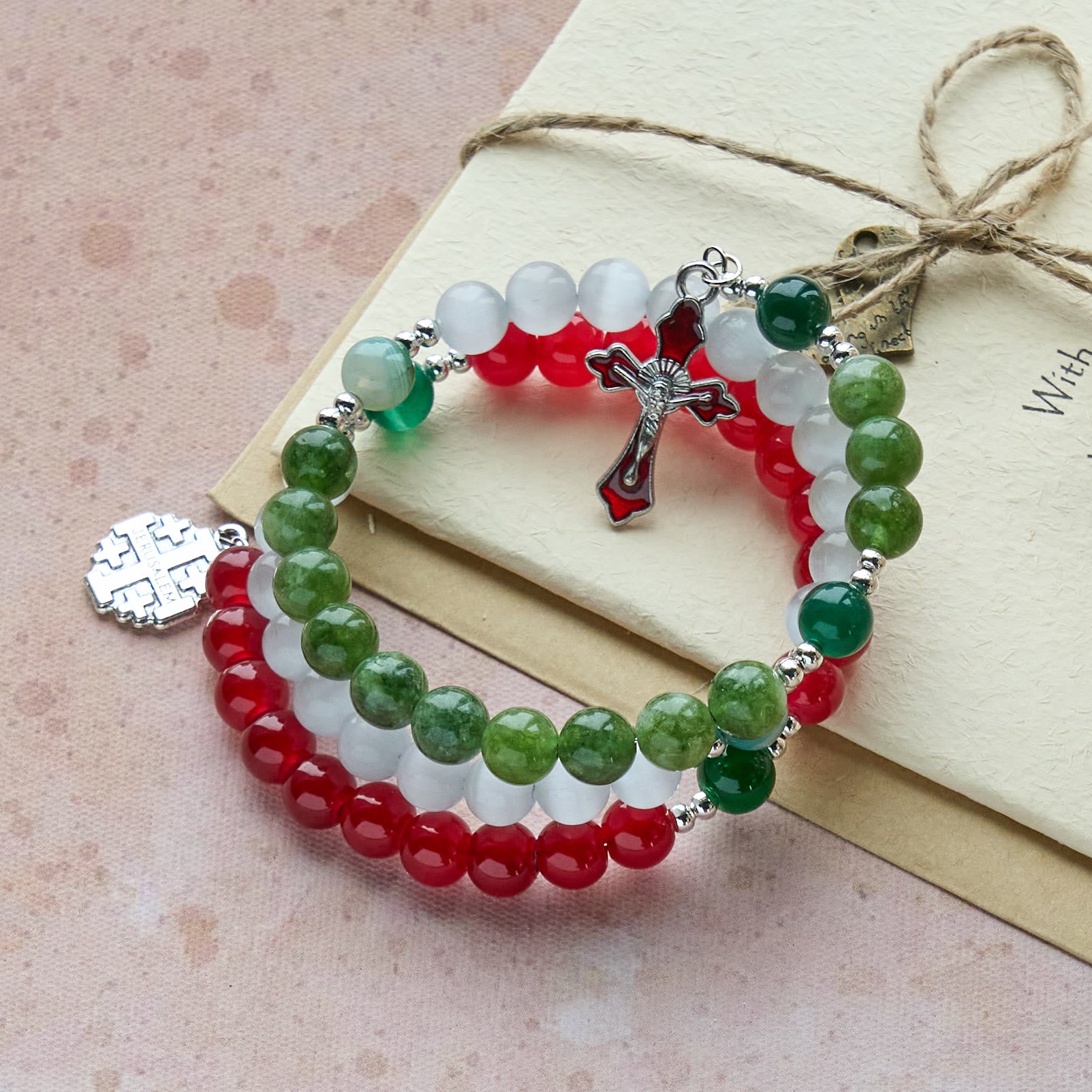 Bracelet Chapelet en Agate de Jade de Noël : Foi & Dévotion Festive