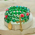 Bracelet Chapelet Rose & Cristal Vert : Dévotion & Grâce Florale